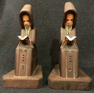 Set 2 Vintage Hand Carved Bible Reading Wooden Monk Priest Religious Bookends 8 "