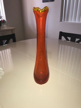Vintage Viking Glass Art Orange Swung Bud Vase Cabbage Leaf 15” Tall 2