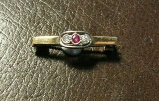 Vintage Small Gold Brooch With Three Stones (diamonds & Ruby??) (pm)
