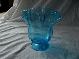 Footed Vase Bowl Ruffled Rim Art Glass Aqua Turquoise Blue Murano Italy Vintage