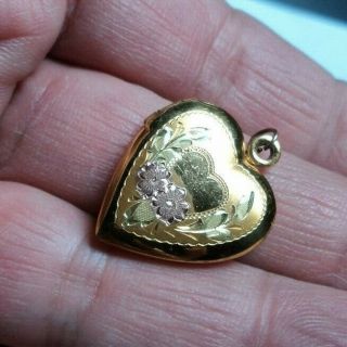 Vintage Tri - Color 1/20 Yellow Gold Over Sterling Silver Heart Locket Pendant
