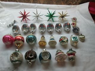 27 Vintage Plastic Christmas Ornaments Sputnik Balls Bells Etc