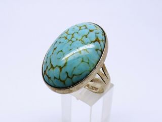 Large Vintage Sterling Silver Turquoise Glass Ring - Size W.