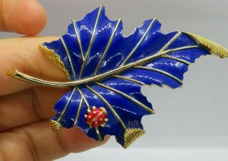 Signed Vintage Crown Trifari Blue Enamel Leaf Brooch With Lady Bug