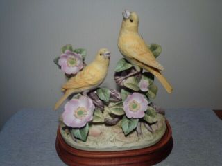 Vintage Andrea By Sadek 2 Canaries Pink Flowers Sculpture Figurine With Base