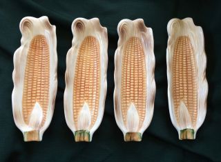 Vintage Corn On The Cob Holders Hand Painted Ceramic Dishes (set Of Four)