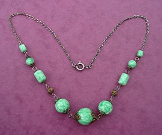 Art Deco Lime Green Peking Glass Inc Barrels Filigree Necklace Vintage C1930s
