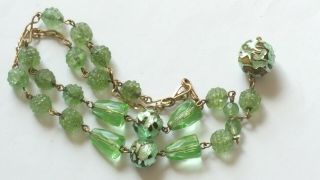 Czech Vintage Art Deco Green Glass Bead Necklace Rolled Gold Wire Foiled Beads