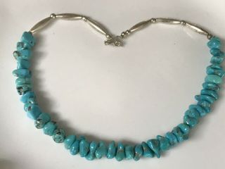 41gr Vintage Navajo Silver Turquoise Nuggets Beads Choker Necklace 17.  5 " Long