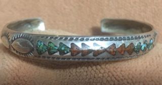 American Indian Silver Vintage Turquoise And Coral Inlay Cuff Bracelet Small