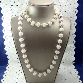 Vtg Miriam Haskell White Early Plastic Filigree Ball Bead Gold Cap Necklace Set