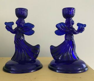 Vintage Cobalt Blue Candle Stick Holders - Angels - 7 1/2 " By 5 "