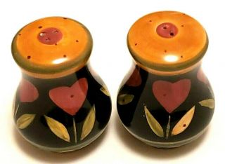 Vintage Lang & Wise Ceramic Salt And Pepper Set Black With Heart Shaped Flowers