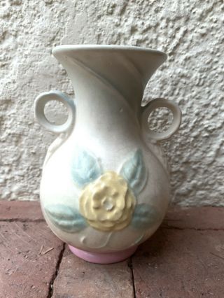 Vintage Hull Pottery Two Handled Vase With Yellow And Pink Flowers