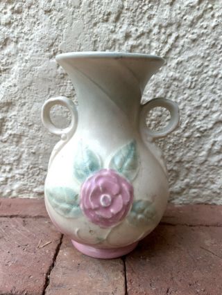 Vintage Hull Pottery Two Handled Vase with Yellow and Pink Flowers 2