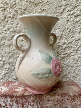 Vintage Hull Pottery Two Handled Vase with Yellow and Pink Flowers 5