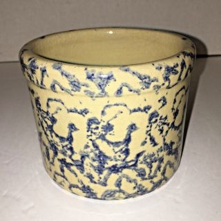 Vtg Robinson Ransbottom Pottery Blue Spongeware 1 Pt Low Crock Roseville,  Oh Usa