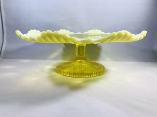 Vintage Yellow Opalescent Glass Cake Plate Star Pattern Footed Stunning