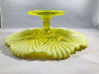 Vintage Yellow Opalescent Glass Cake Plate Star Pattern Footed Stunning 4
