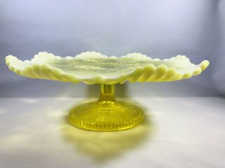Vintage Yellow Opalescent Glass Cake Plate Star Pattern Footed Stunning 7