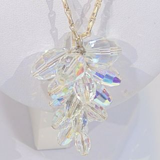 Vintage Faceted Aurora Borealis Ab Glass Crystal Cluster Pendant Chain Necklace