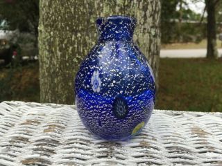 Vintage Murano Millefiori Silver Cobalt Blue Art Glass Vase Italy Estate Found 2