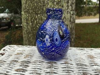 Vintage Murano Millefiori Silver Cobalt Blue Art Glass Vase Italy Estate Found 3