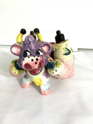 Vintage Ceramic Purple Cow Carrying Vinegar/oil - Salt/pepper Mid Century Japan