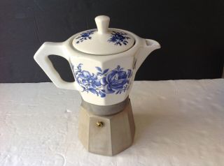 Vintage Flory Express Espresso Maker W/ Porcelain Top Blue &white Made Italy