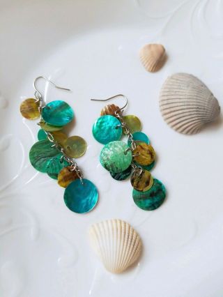 Vintage Handmade Sea Shell Mother Of Pearl Dangle Earrings Blue Luxury Summer