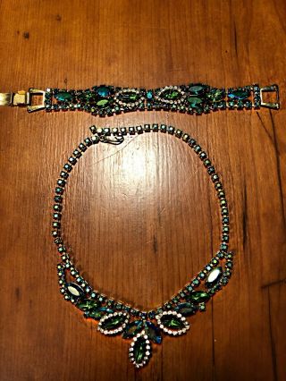 Vintage Glam 1950s 60s Rhinestones Necklace & Bracelet Set Green/blue