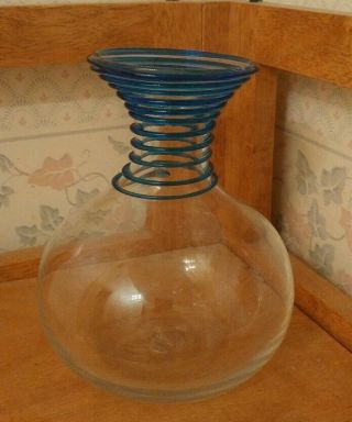 Vintage Blenko Art Glass Hand Blown Vase Clear With Blue Swirl