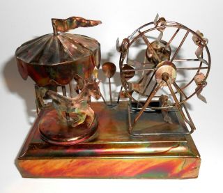 Vintage Moving Ferris Wheel Merry Go Round Tin Copper Carnival Wind Up Music Box