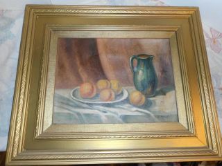 Vtg Oil Painting Fruit On Table Signed Wood Frame 24 " T X 20 " W