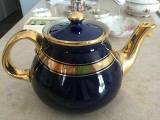 Vintage Hall’s China Navy Teapot With Gold Trim Numbers 0 86 On The Bottom