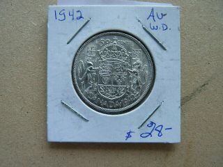 Vintage Canada 50 Cent Silver 1942 Wide Date T1038