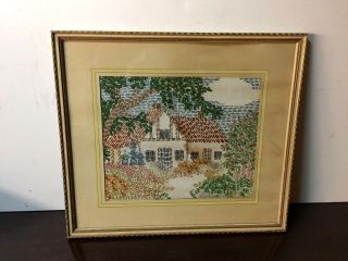 Vintage Retro Crewel Embroidery Frame Needlework House With Flowers 17 " X 15 "