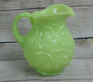 Vintage Fenton Art Glass Lime Green Satin Water Lily Pad Embossed 36oz Pitcher