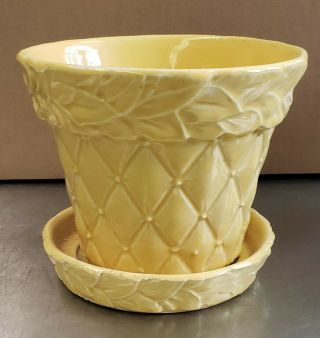 Vintage Mccoy Yellow Quilt Quilted Leaves Pattern Flower Pot Planter 6 "