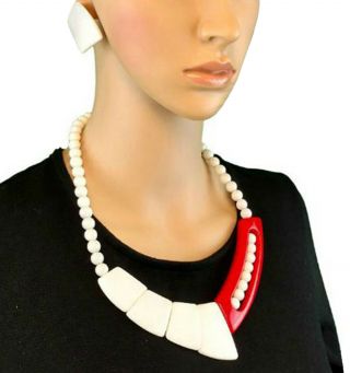 Jewelry Set Red White Lucite Bead Geometric Statement Earrings Necklace Vintage