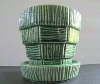 Vintage Mccoy Pottery Bark & Block Pattern Small Flower Pot Forest Green