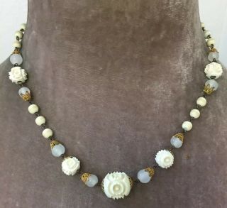Vintage Art Deco Jewellery Pretty Carved Celluloid And Glass Bead Necklace