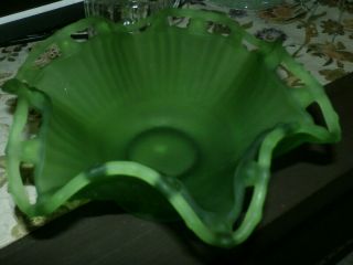 Vintage Green Satin Frost Glass Open Lace Ruffled Edge Compote Bowl/dish
