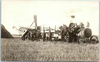 Vintage Farming Rppc Real Photo Postcard Steam Tractor Threshing Scene C1910s