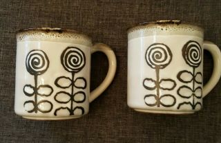 2 Otagiri Vtg Floral Speckled Stoneware Mugs Brown Flowers Japan Retro Textured
