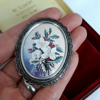 Vintage Signed Thomas L Mott Tlm Christmas Rose Bouquet Painting Pin Brooch