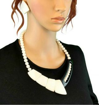 Jewelry Set Necklace Earrings Black White Lucite Geometric Statement Vintage