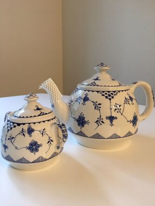 Vintage Mason’s Denmark Ironstone Blue And White Teapot And Sugar Bowl.