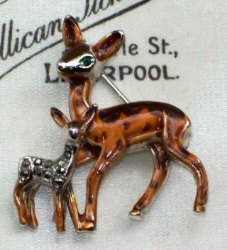 Vintage Jewellery Adorable Enamel Marcasite Mother Deer & Baby/bambi Brooch/pin