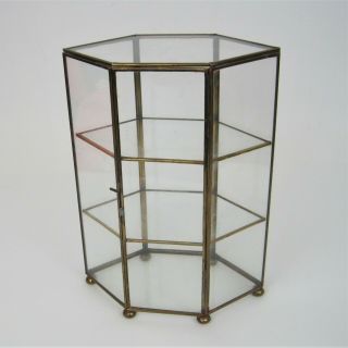 Vintage Glass Shadow Box Brass Curio Display Cabinet Hexagon 3 Shelf Table Top